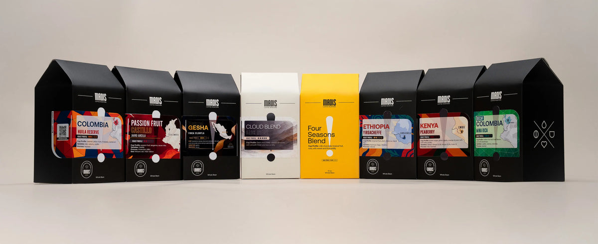 Madis Coffee Roasters coffee bags: Colombia Huila Reserve, Passion Fruit Castillo, Gesha, Cloud Blend, Four Seasons Blend, Ethiopia Yirgacheffe, Kenya Peaberry and Decaf Colombia Mina Rica